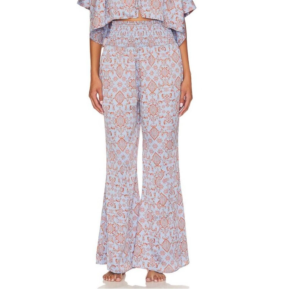 Free People Blue and Rust Tile-Print Wide-Leg Pajama Pants